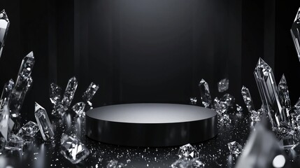 Poster - Sleek 3D Podium Surrounded by Ample Empty Space and Crystal-Like Structures in a Modern, Visual Presentation Setting
