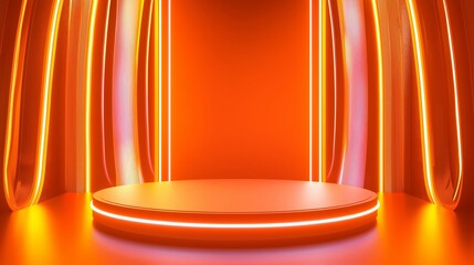 Poster - Modern 3D Podium Design with Ample Empty Space Framed by Striking Orange Neon Lights for Creative Presentations and Event Showcases