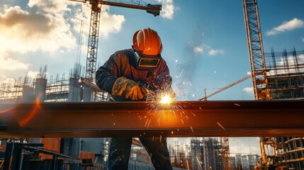 Poster - An ironworker welding steel beams at a skyscraper construction site, with sparks flying against a backdrop of cranes and scaffolding, Steel erection scene