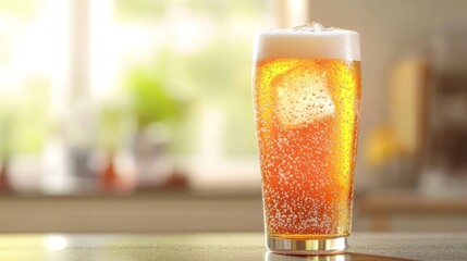 Poster - Refreshing Glass of Carbonated Beverage with Ice Cubes and Foamy Head Against a Soft Focus Background of a Cozy Interior Setting