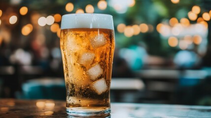 Poster - Refreshing Glass of Cold Beer with Ice Cubes on a Rustic Table Surrounded by Soft Ambient Lighting in a Lively Outdoor Setting