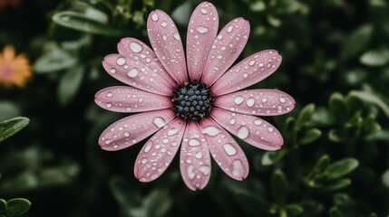 Aufkleber - A Close-Up of a Pink Flower with Dew Drops on Petals Surrounded by Lush Green Leaves in a Natural Garden Setting, Showcasing the Beauty of Nature and Flora