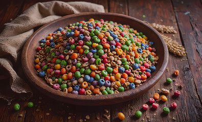 Aufkleber - A bowl of colorful cereal with blueberries and other fruits. The bowl is on a wooden table