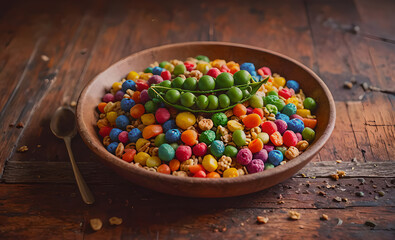 Aufkleber - A bowl of colorful cereal with a green pea on top. A spoon is sitting on the table next to the bowl