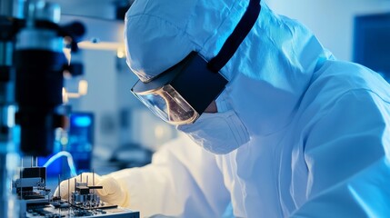 Poster - An up-close capture of a technician in a cleanroom suit assembling microchips under magnification, Semiconductor fabrication lab scene, Precision and high-tech style