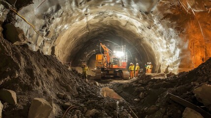 Poster - An underground tunnel boring machine (TBM) excavating through rocky terrain, with engineers monitoring progress in a tunnel construction site, Tunneling construction scene