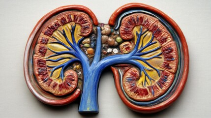 Poster - Colorful Anatomical Model of Human Kidney Displaying Detailed Structure, Including Nephrons, Blood Vessels, and Renal Pelvis for Educational Purposes