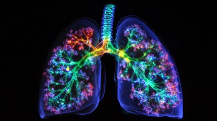 Poster - Vibrant and Colorful Illustration of Human Lungs Portraying the Intricate Bronchial and Alveolar Structures with a Neon Effect on a Black Background