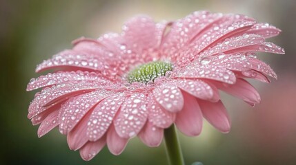 Poster - Close-Up of a Delicate Pink Flower with Water Drops Reflecting Light in a Soft Focus Background, Perfect for Celebrating Nature and Freshness