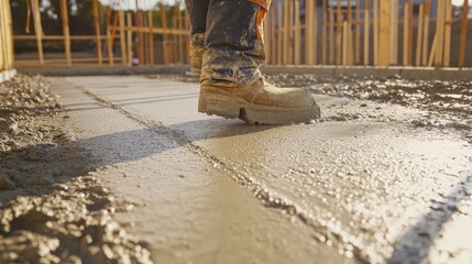 Poster - An up-close image of a concrete finisher smoothing out freshly poured concrete on a construction site, Concrete pouring scene, Skilled and meticulous style