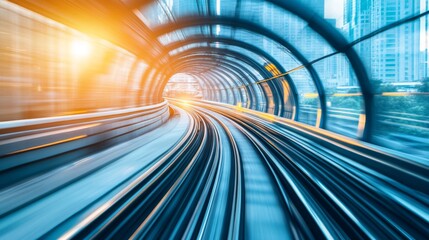 Aufkleber - Captivating View of a Futuristic Subway Tunnel with Blurred Tracks and Glowing Light, Showcasing Urban Transport Speed and Motion Dynamics