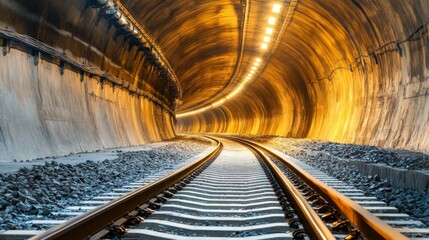 Fototapete - Captivating View of an Illuminated Railway Tunnel with Curved Tracks and Warm Lighting Creating a Unique Perspective for Transportation and Infrastructure Imagery