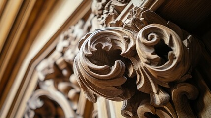 Poster - An up-close perspective of a carpenter crafting intricate woodwork details for a historic building restoration, Woodwork restoration scene, Artisanal and detailed style