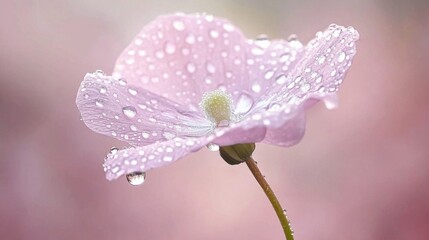 Aufkleber - Delicate Pink Flower with Water Drops on Petals Glowing in Soft Light Against a Blurred Background for Nature and Beauty Photography