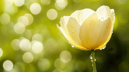 Poster - Delicate Yellow Flower with Water Droplets Against a Soft Green Bokeh Background Capturing the Essence of Nature's Beauty and Tranquility in Springtime