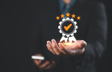 Poster - Standardization and certification concept. Sign of service quality assurance 5 star, Compliance to regulations, Company business Audit, Guarantee, ISO, QC, QA, Leadership quality standard certificate.