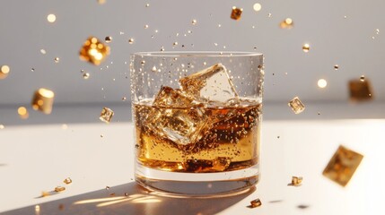 Aufkleber - Close-up of a Glass of Whiskey with Ice Cubes Surrounded by Floating Bubbles, Capturing a Moment of Refreshment and Indulgence in a Bright Setting