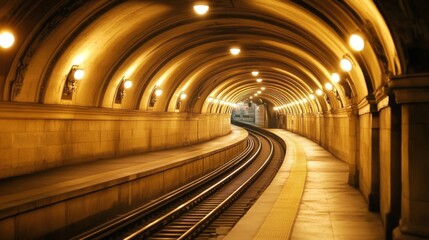 Fototapete - Serene Underground Train Tunnel with Warm Lighting and Curved Tracks, Evoking a Sense of Motion and Exploration in a Cityscape Setting