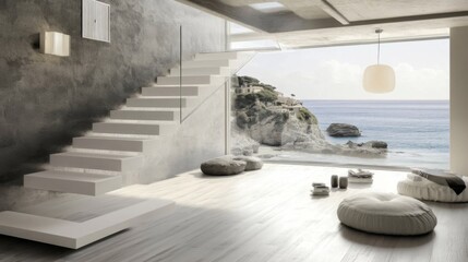 Fototapete - Modern minimalist interior design featuring open-plan living space, elegant staircase, natural light, and stunning coastal view with serene atmosphere