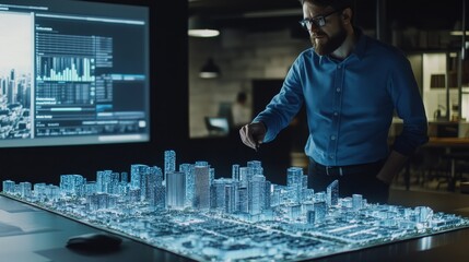 Poster - An urban planner in a meeting room, presenting a city model with digital overlays on a screen, Urban planning scene