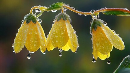 Poster - Delicate Yellow Flowers with Raindrops Clinging to Petals in a Lush Green Background, Showcasing the Beauty of Nature After a Rain Shower