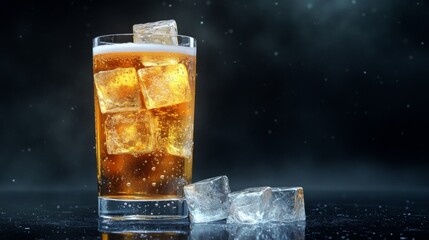Poster - Refreshing Glass of Sparkling Dark Beverage with Ice Cubes on Black Background, Emphasizing Chill and Refreshment in an Elegant Setting