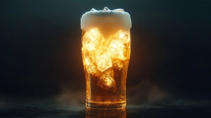 Poster - Refreshing Cold Beer in a Glass with Ice Cubes and Foamy Head Illuminated with Golden Light on a Dark Background for Gourmet or Pub Themes