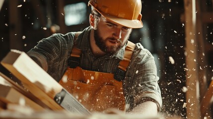 Poster - Close-up of a construction carpenter in a brown hard hat and tool belt, cutting wood with a saw and looking at the camera, with a backdrop of wood shavings and carpentry tools