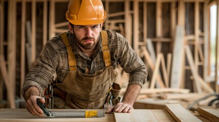 Poster - Close-up of a construction carpenter in a brown hard hat and tool belt, measuring wood with a caliper and looking at the camera, with a backdrop of wooden planks and carpentry tools