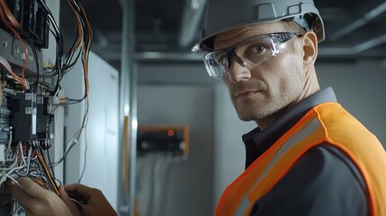 Poster - Close-up of a construction electrician in a gray hard hat and orange vest, connecting wires and looking at the camera, with a backdrop of electrical panels and tools