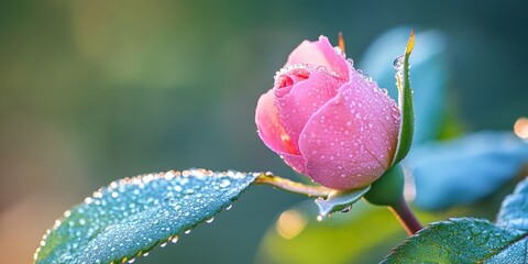 Wall Mural - close up of a pink rose bud resting on a branch adorned with dew on the leaves, showcasing the beaut