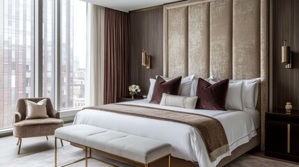 Poster - Elegant and Modern Bedroom Interior Design Featuring Plush Bedding, Stylish Cushions, Cozy Armchair, and Large Windows with Natural Light