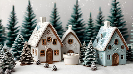 Wall Mural - Winter. A Christmas card. Beautiful ceramic Scandinavian houses and Christmas trees. Festive mood, Christmas, New Year 2025