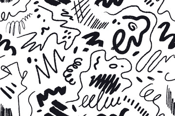 Aufkleber - Scribbles and doodles, seamless pattern. Endless background drawing, black and white ink lines. Abstract repeating print, texture for fabric, wallpaper and wrapping. Hand-drawn vector illustration