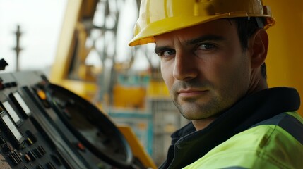 Poster - Close-up of a construction site crane operator in a yellow hard hat and work jacket, operating crane controls and looking at the camera, with a backdrop of lifted materials and the crane’s cab
