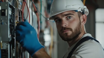 Poster - Close-up of a construction site electrician in a white hard hat and blue gloves, wiring electrical panels and looking at the camera, with a backdrop of electrical cables and equipment