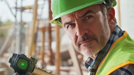 Poster - Close-up of a construction site supervisor in a green hard hat and reflective vest, using a laser level and looking at the camera, with a backdrop of construction frameworks and tools