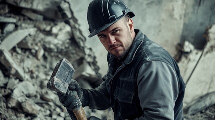 Poster - Close-up of a construction worker in a black hard hat and gray work uniform, operating a jackhammer and looking at the camera, with a backdrop of broken concrete and construction tools