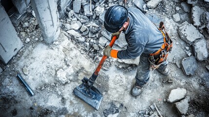 Poster - Close-up of a construction worker in a black hard hat and gray work uniform, operating a jackhammer and looking at the camera, with a backdrop of broken concrete and construction tools