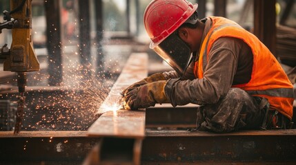 Poster - Close-up of a construction worker in a red hard hat and orange safety vest, welding metal beams and looking at the camera, with a backdrop of welding equipment and sparks