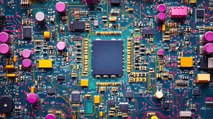 Poster - Detailed close-up of a colorful printed circuit board showcasing various electronic components, resistors, capacitors, and microchips in an intricate layout