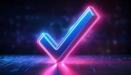 Poster - a vibrant neon checkmark symbolizing completion and approval against a dark, digital backdrop.