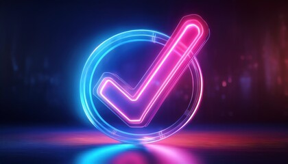 Poster - A glowing checkmark symbol in vibrant neon colors, set against a dark background, representing approval or completion in a digital style.