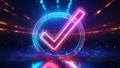 Poster - A glowing checkmark symbol surrounded by vibrant light effects, representing approval or completion in a digital context.