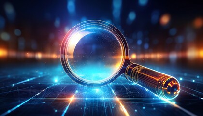 Poster - A glowing magnifying glass on a digital background, symbolizing search, discovery, and technology in a futuristic setting.