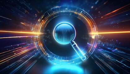 Poster - A futuristic magnifying glass surrounded by vibrant light trails, representing search and exploration in a digital universe.