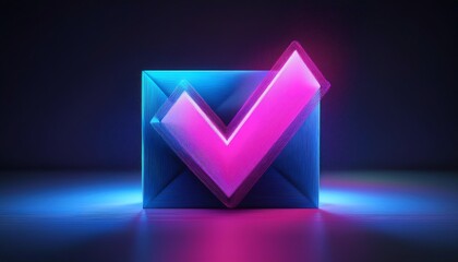 Poster - A glowing checkmark icon in vibrant blue and pink hues, set against a dark background, symbolizing approval or completion.