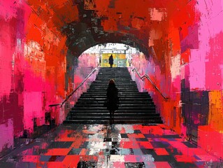 Poster - Digital art transformation of urban staircase cityscape artistic interpretation vibrant environment perspective focused on color and emotion