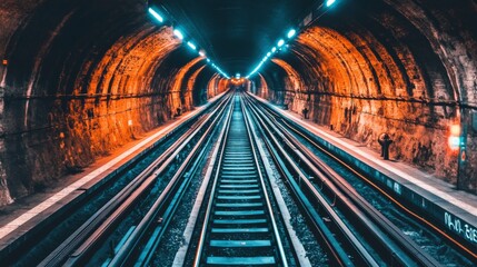 Poster - Captivating Underground Train Tunnel with Vibrant Lighting and Rail Tracks Leading Into Horizon Conveys Depth and Modern Urban Vibe in a City Environment