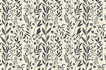 Poster - Toile pattern tapestry. Linocut print. Monochrome botanical pattern background. Created with Generative AI technology.